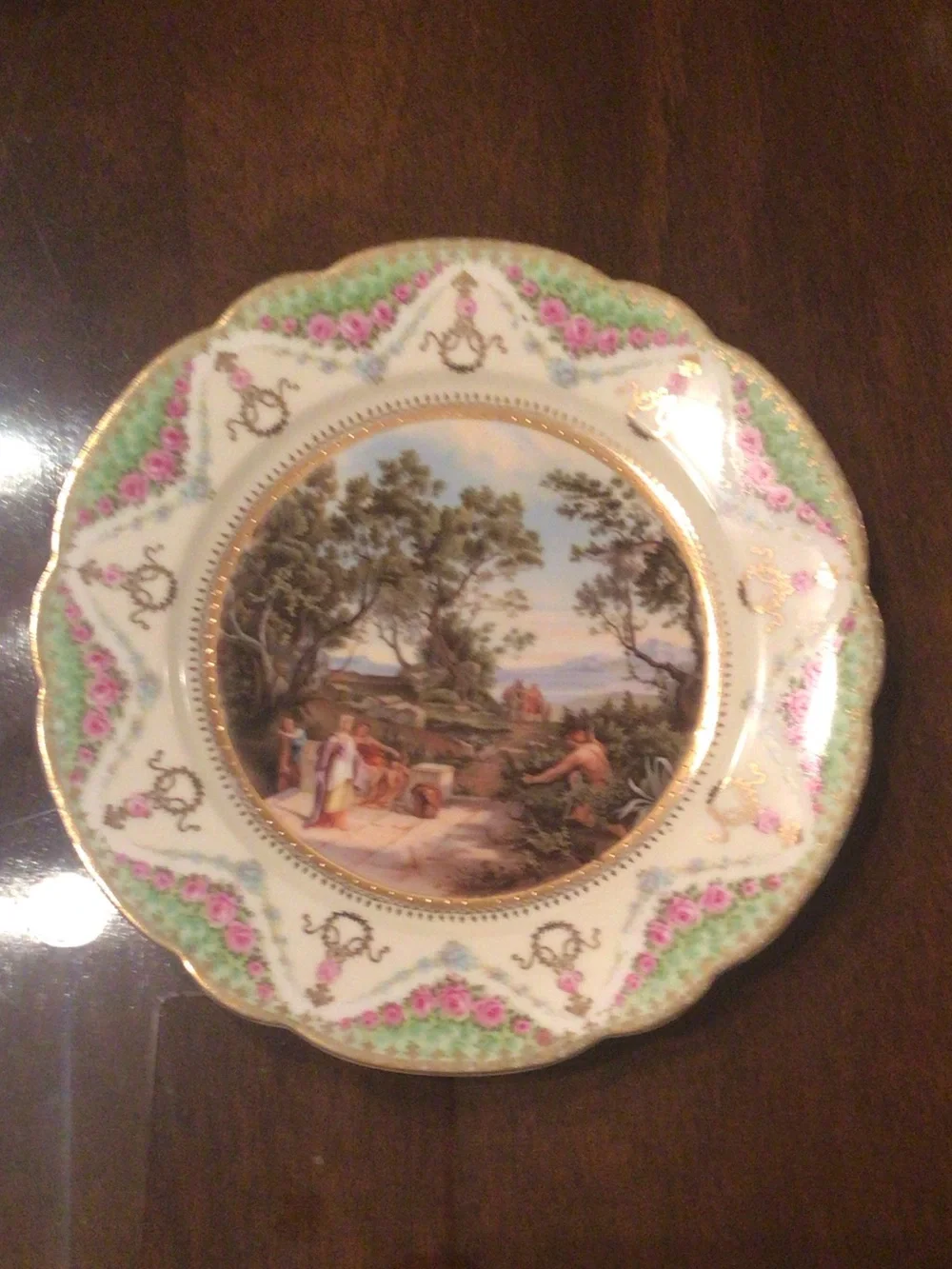 Source Unknown Porcelain Decorative Plate in White, Green, Pink & Gold
